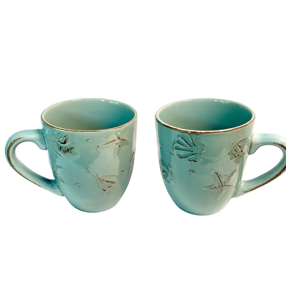 2  Thomson Pottery CAPE COD Turquoise Blue 4” Coffee Mugs Cup Embossed Shells
